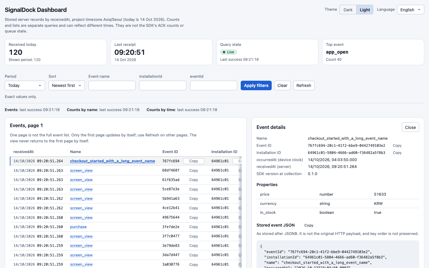 SignalDock dashboard showing stored events with details